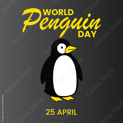 Cute little penguin. Vector flat cartoon illustration isolated on white. Banner, postcard. Penguin awareness day. World Penguin Day, Inscription, signed picture. Character, Antarctic animal, Polar.