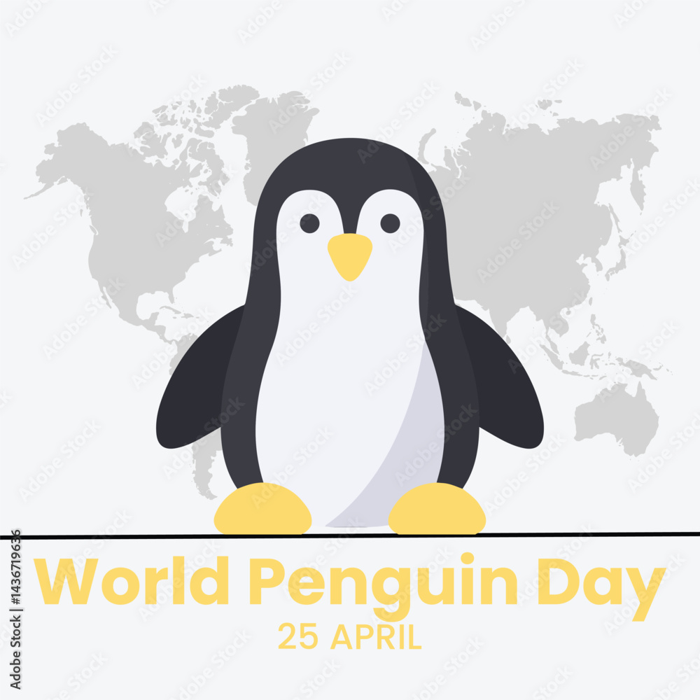 Obraz premium Cute little penguin. Vector flat cartoon illustration isolated on white. Banner, postcard. Penguin awareness day. World Penguin Day, Inscription, signed picture. Character, Antarctic animal, Polar.