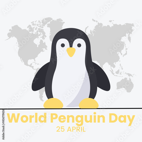 Cute little penguin. Vector flat cartoon illustration isolated on white. Banner, postcard. Penguin awareness day. World Penguin Day, Inscription, signed picture. Character, Antarctic animal, Polar.