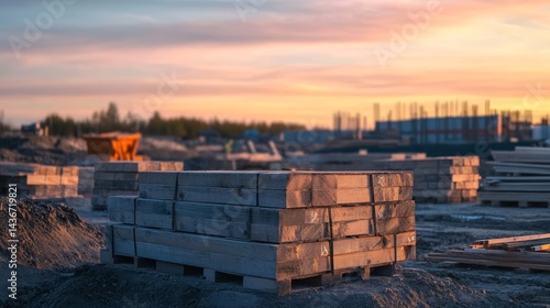 Stacks of lumber at construction site bathed in soft sunset light creating a warm atmosphere