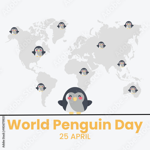 Cute little penguin. Vector flat cartoon illustration isolated on white. Banner, postcard. Penguin awareness day. World Penguin Day, Inscription, signed picture. Character, Antarctic animal, Polar.