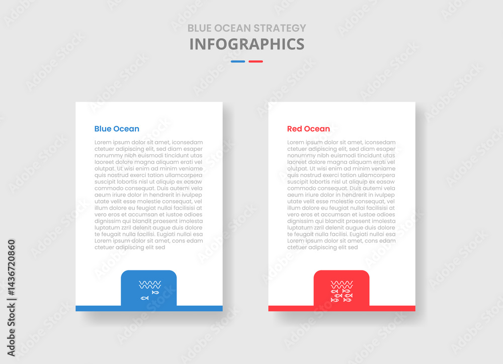 blue vs red ocean business strategy comparison for infographic with drop shadow style with vertical box with badge on bottom with two point list information blue vs red ocean business strategy comparison for infographic with drop shadow style with vertical box with badge on bottom with two point list information