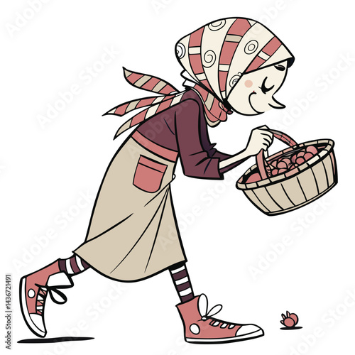 Girl with basket of berries runs happily