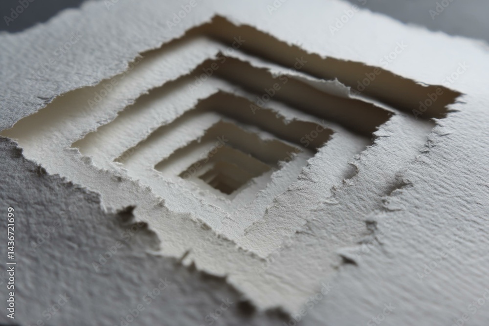 Layered square paper cuts create tunnel depth in abstract composition with textured surfaces and ragged edges for backgrounds Layered square paper cuts create tunnel depth in abstract composition with textured surfaces and ragged edges for backgrounds