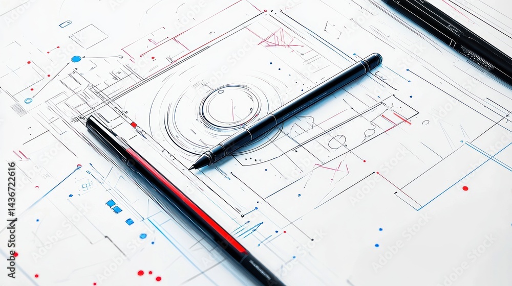 Architect's blueprint, pens, design, office, planning Architect's blueprint, pens, design, office, planning