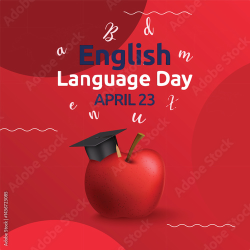 International English Language day. 23rd April International English Language day celebration cover banner with silhouette world map, earth globe, book icons and text in UK flag colours.