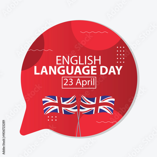 International English Language day. 23rd April International English Language day celebration cover banner with silhouette world map, earth globe, book icons and text in UK flag colours.