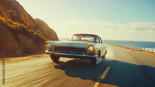 Classic car cruising along a coastal highway under a vibrant sunset.
