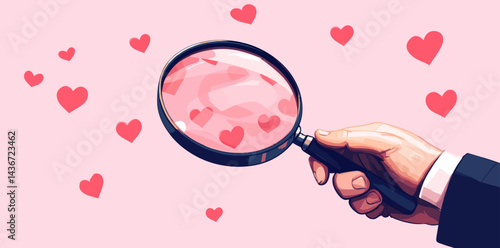 The concept of love and dating is symbolized by a heart under a magnifying glass in a minimalist art collage