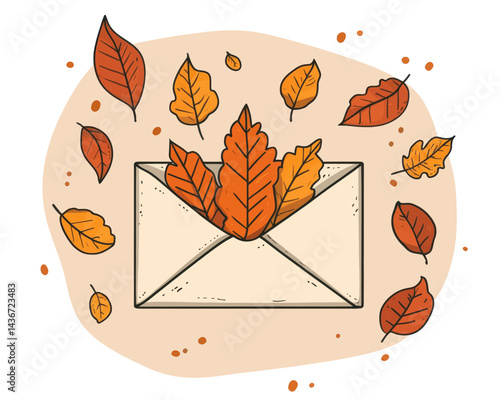 Envelope with fallen autumn leaves is open, featuring an illustration that captures the autumn mood for use on covers, cards, invitations, posters, and banners
