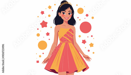 Cheerful girl in colorful prom dress with stars and shapes, celebration