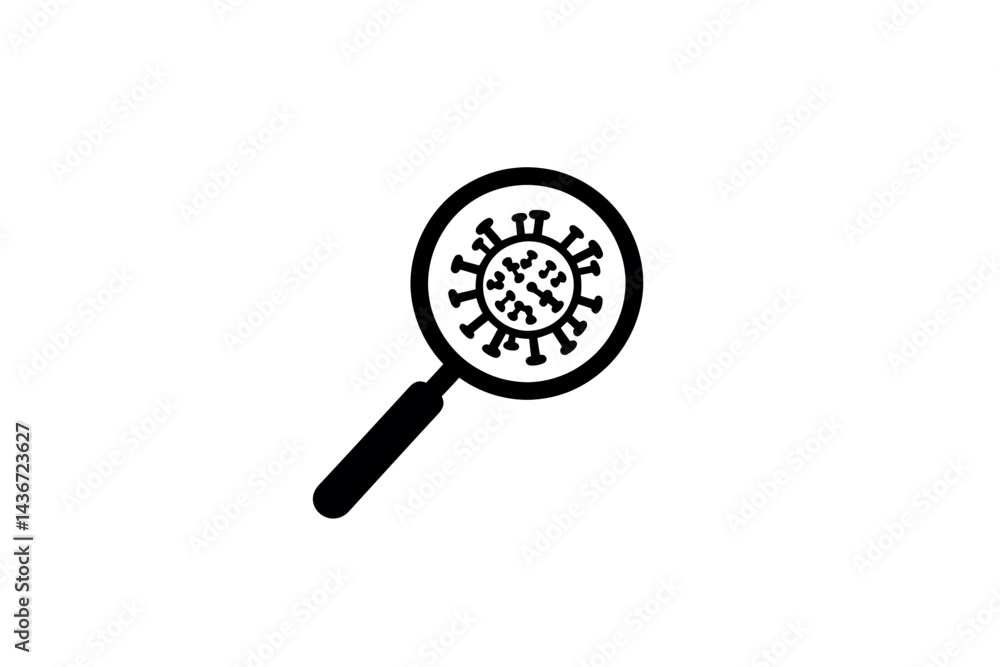 Modern magnifying glass icon on white background featuring virus and bacteria Modern magnifying glass icon on white background featuring virus and bacteria