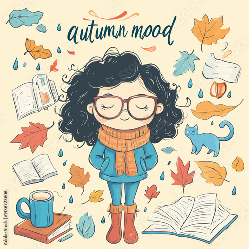 The illustration features a charming cartoon girl surrounded by elements of autumn, evoking a sense of the season