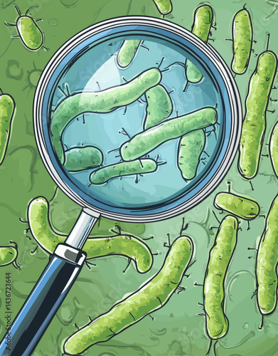 Microorganisms viewed under a magnifying glass on a white backdrop