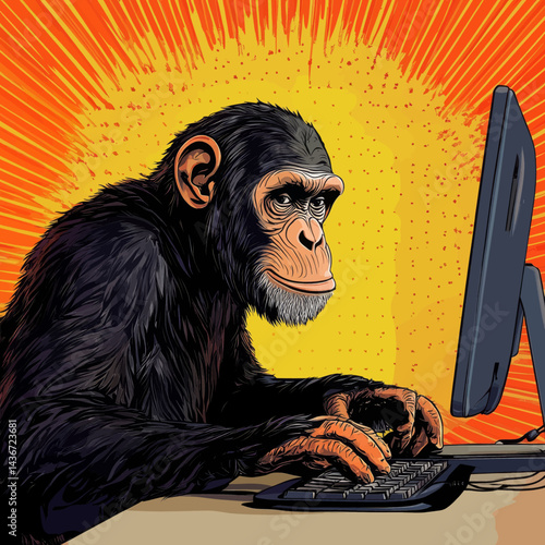 In a comic book style imitation, a pop art retro modern illustration shows a monkey chimp sitting at a computer, indulging in monkey business