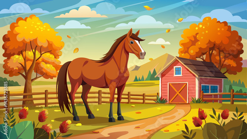 A beautiful brown horse stands by a fence in a picturesque autumn farm setting with colorful trees and a rustic barn in the background, under a partly cloudy sky