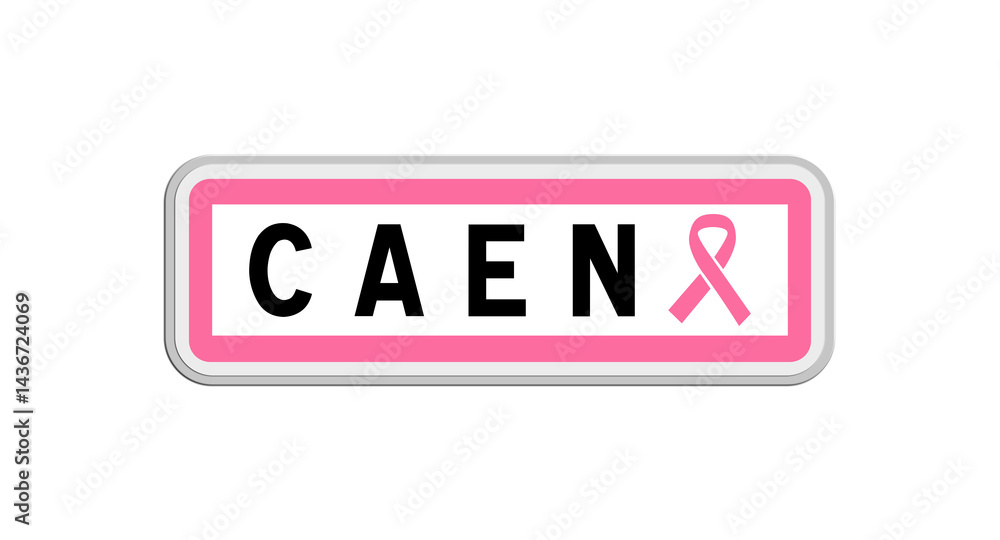 Panneau de sortie de Caen, Calvados, Normandie avec Ruban Octobre Rose Panneau de sortie de Caen, Calvados, Normandie avec Ruban Octobre Rose