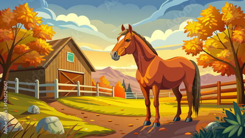 A beautiful brown horse stands by a fence in a picturesque autumn farm setting with colorful trees and a rustic barn in the background, under a partly cloudy sky