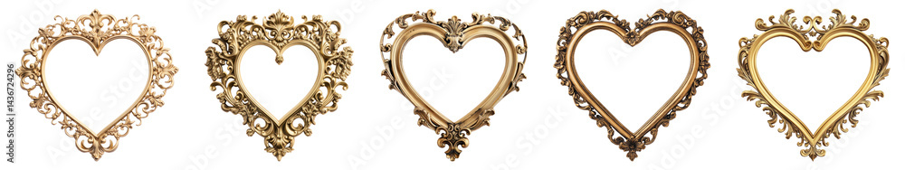 PNG Elegant ornate heart frames gold, elements on transparent background