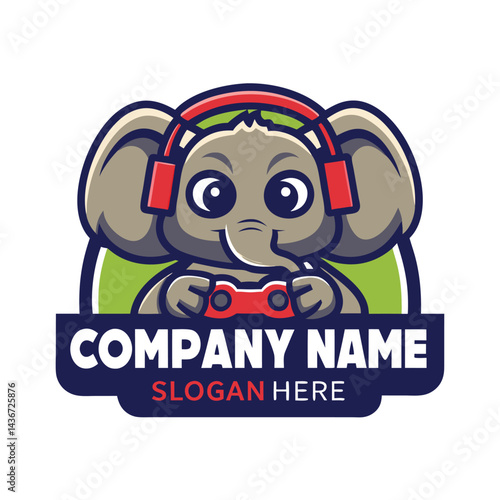 Cute elephant mascot holding a joystick, wearing headphones