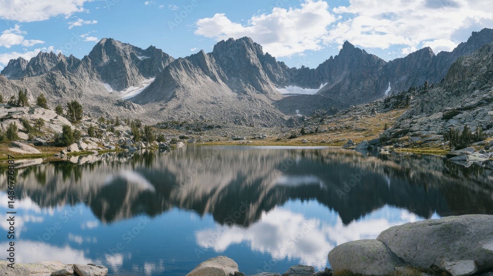 Tranquil mountain lake reflecting majestic peaks with calm waters in soft focus photography Tranquil mountain lake reflecting majestic peaks with calm waters in soft focus photography