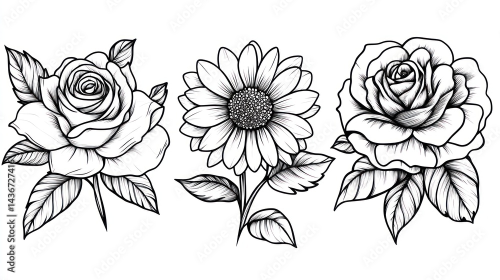 Line art floral designs; roses, sunflower; white background; design elements Line art floral designs; roses, sunflower; white background; design elements