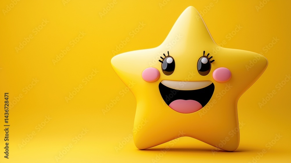 Fototapeta premium Happy cartoon star on a bright yellow background with smiling face