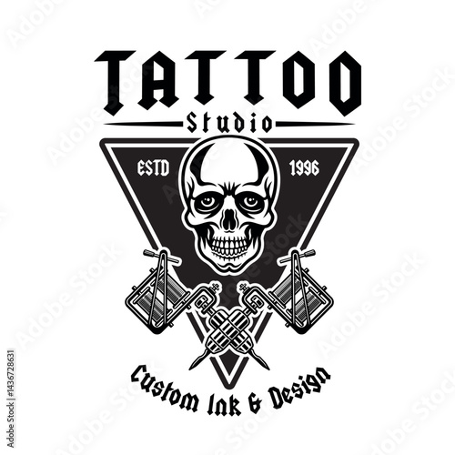 Vintage style tattoo studio vector emblem with skull and tattoo machine. Perfect for emblems, apparel, stickers, and branding. Bold, edgy design for professional tattoo artists and enthusiasts
