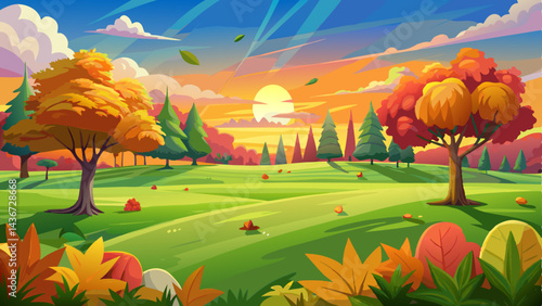 An expansive, lush green field with scattered autumn leaves, surrounded by vibrant, colorful trees under a clear sky with a picturesque sunset in the