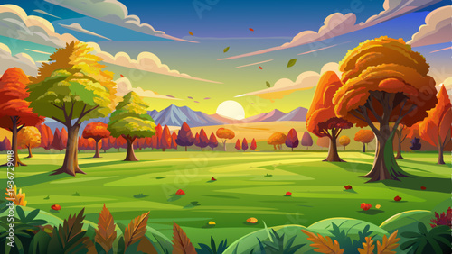 An expansive, lush green field with scattered autumn leaves, surrounded by vibrant, colorful trees under a clear sky with a picturesque sunset in the
