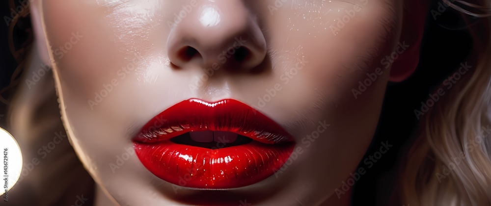 Fototapeta premium Close up macro shot of vibrant red lip gloss spread smoothly across textured skin with reflective shine
