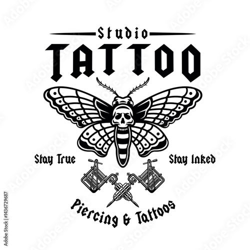 Vintage tattoo studio emblem with moth and tattoo machine. Classic blackwork vector illustration in gothic and old school style. Perfect for tattoo designs, prints, and artistic compositions