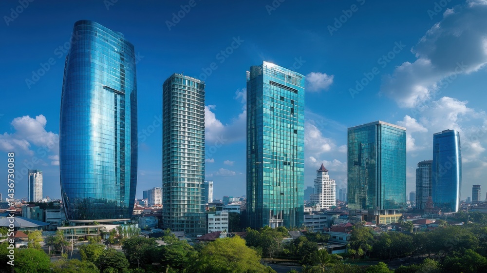 Fototapeta premium Modern city skyline with skyscrapers and lush greenery. Panoramic view of high-rise buildings under a vibrant blue sky