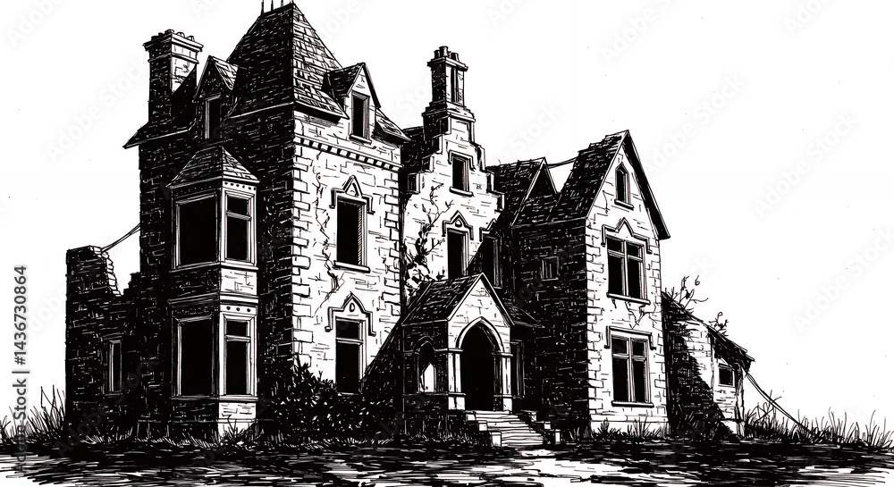 Fototapeta premium Monochromatic illustration of a decaying mansion