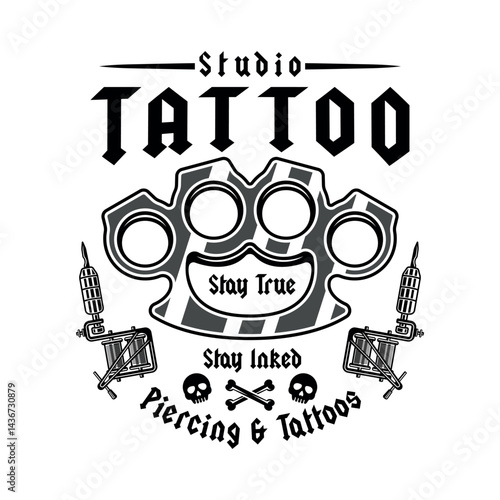 Vintage tattoo studio emblem with brass knuckles and tattoo machines. Classic monochrome vector illustration in retro style, perfect for badges, t-shirt prints and tattoo related designs