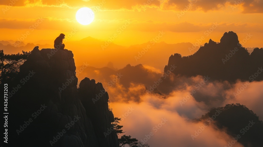 Monkey Meditating on Mountain Peak at Sunset with Fog and Golden Light Monkey Meditating on Mountain Peak at Sunset with Fog and Golden Light
