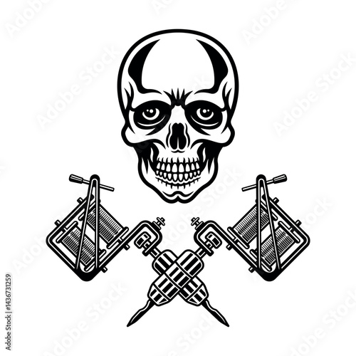 Vintage monochrome vector illustration of a skull with two crossed tattoo machines. Perfect for tattoo studio emblems, apparel designs, stickers, and edgy graphic artwork with a rebellious touch