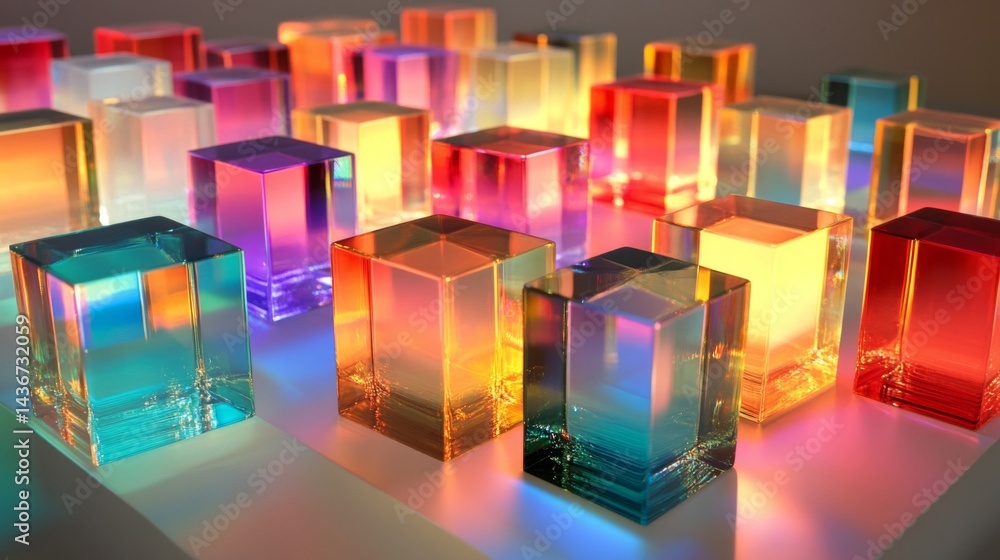 Colorful Illuminated Glass Cubes on White Surface Colorful Illuminated Glass Cubes on White Surface