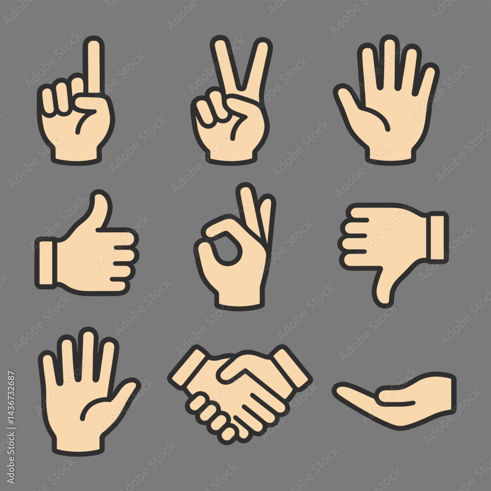 Fototapeta premium Hand Gesture Icons Set Showing Thumbs Up, OK, Handshake, and Counting Signs