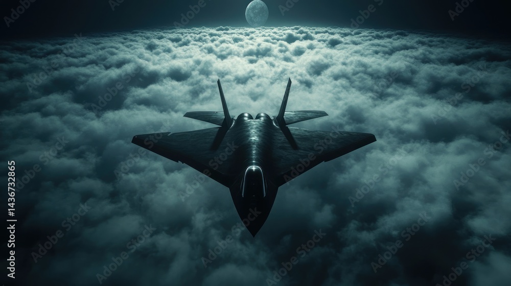 Naklejka premium Futuristic jet aircraft soaring above a vast cloud field at night, lit by moonlight