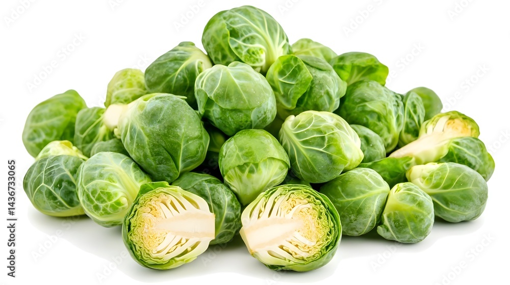 Fototapeta premium Fresh Brussels Sprouts Heaped Isolated on Clean White Background