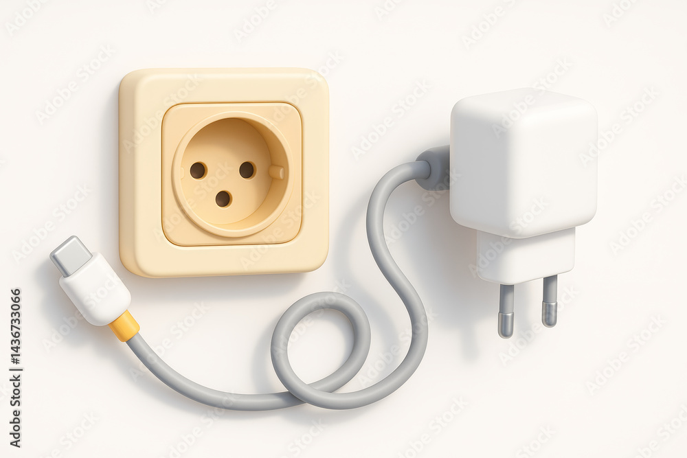 3D illustration of wall power outlet, USB charger plug and charging cable isolated on white background. Concept of electricity connection, charging device, gadget power supply, energy technology
