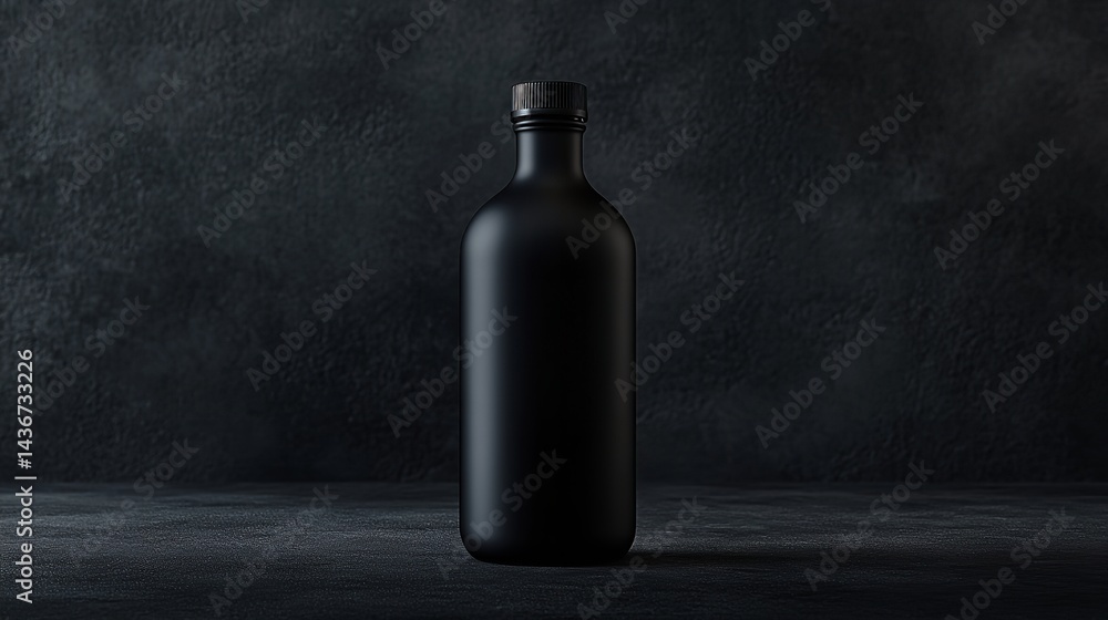 Mysterious black glass bottle on dark background elegant design product mockup minimalist style studio shot dark ambiance sleek Mysterious black glass bottle on dark background elegant design product mockup minimalist style studio shot dark ambiance sleek
