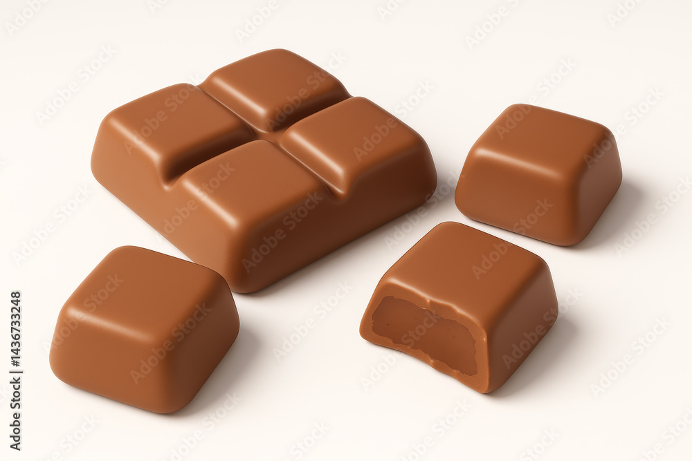 3D chocolate candy bars and squares isolated on white background. Concept of sweet dessert, tasty treat, chocolate snack, confectionery product 3D chocolate candy bars and squares isolated on white background. Concept of sweet dessert, tasty treat, chocolate snack, confectionery product