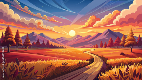 Magnificent Sunset Illuminates a Vast Autumn Field with Radiant Sky and Meandering Path Creating a Serene and Awe-Inspiring Landscape Scene