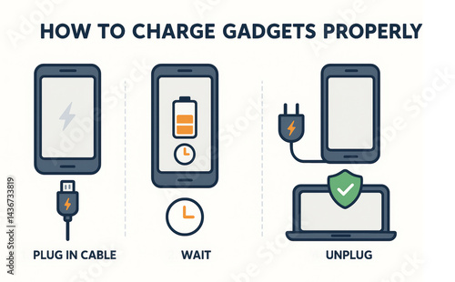 Flat infographic showing how to charge gadgets properly with four steps: plug in cable, wait, unplug, ensure device safety. battery care, device charging tutorial, tech maintenance, white background