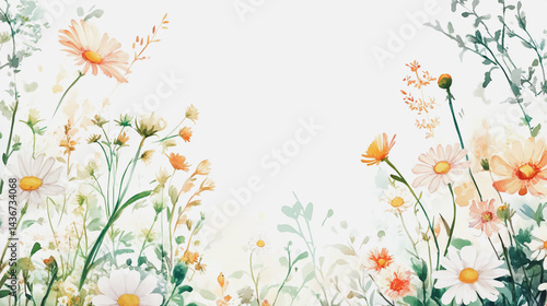 watercolor botanical Chamomile flowers texture template background.Elegant wedding invitation card background . Minimal hand painted Design for wedding or Valentine's Day