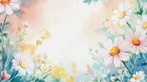 watercolor botanical Chamomile flowers texture template background.Elegant wedding invitation card background . Minimal hand painted Design for wedding or Valentine's Day