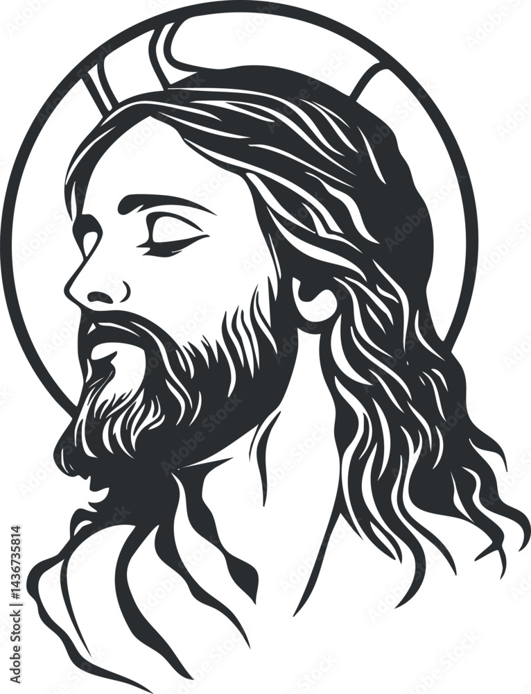 Black and white line art illustration of Jesus Christ with a halo and long hair in profile view Black and white line art illustration of Jesus Christ with a halo and long hair in profile view