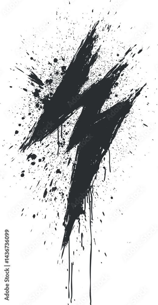 Obraz premium Black grunge lightning bolt symbol with paint splatter effect on white background